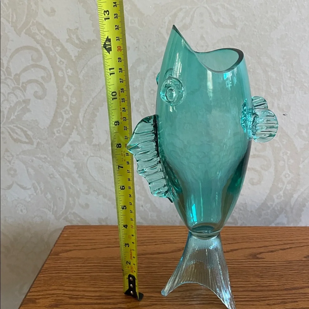 Rare Vintage Blenko style Aqua Glass Fish vase 12.5” tall